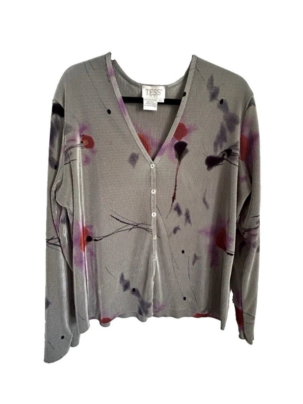 Vintage TESS Cardigan Ribbed Sweater Womens XL Abstract Button Up Top Artsy